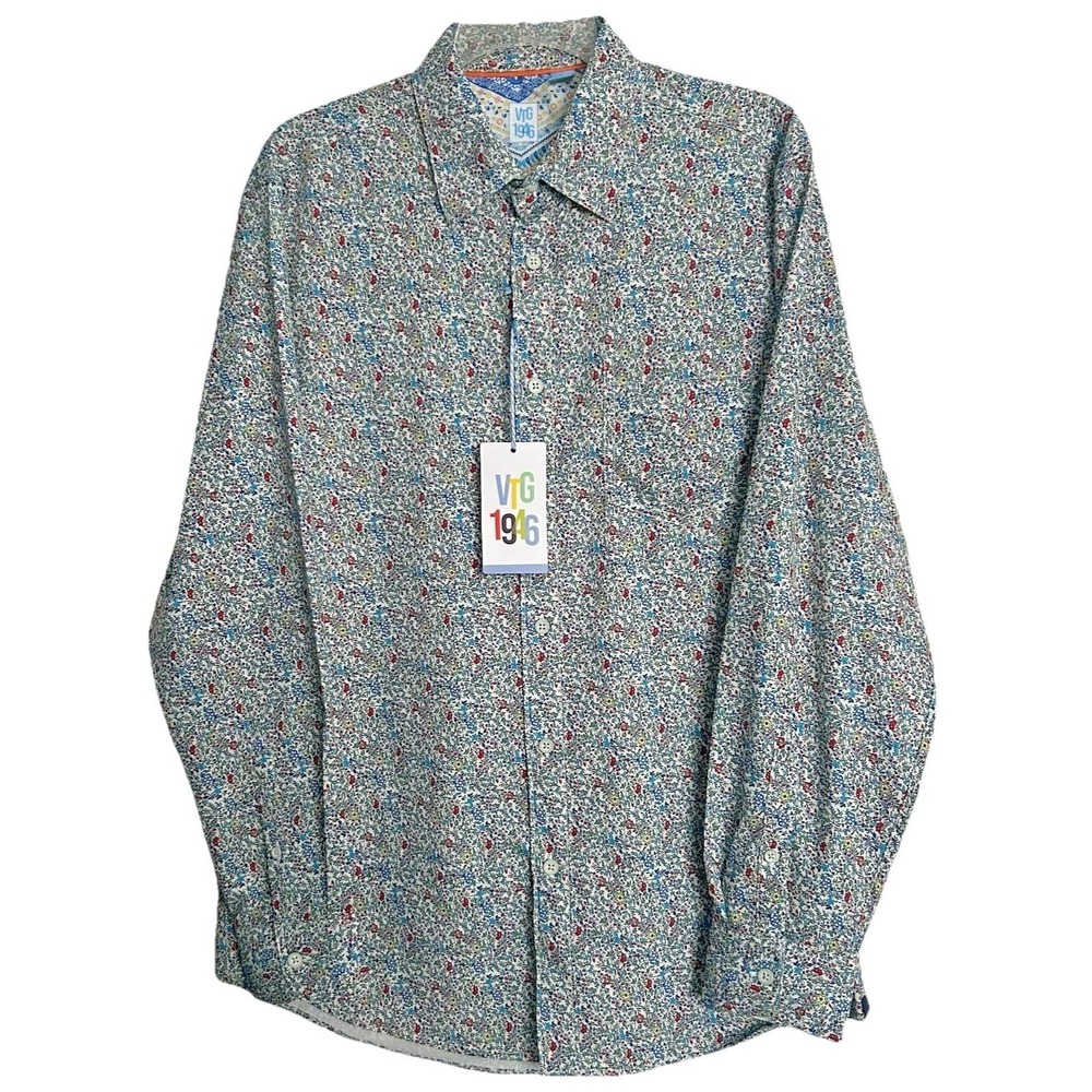 Vintage 1946 Men's Large Floral Button-Up Shirt Long Sleeve Contrast Cuffs NWT